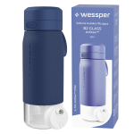 Butelka szklana Wessper z filtrem wymiennym, niebieska 500 ml.
