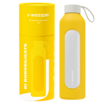 Szklana żółta butelka w silikonowym etui Wessper 500 ml.