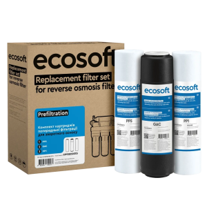 Standardowy zestaw wkładów Ecosoft do filtrów odwróconej osmozy. Zestaw na serwis półroczny. Pasuje do filtrów RO5, RO6, RO7.