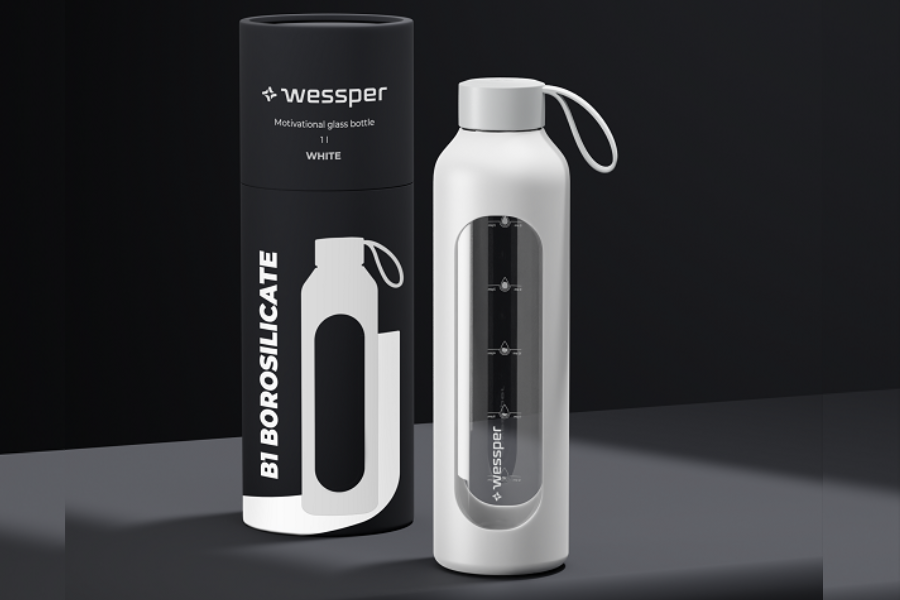 biała szklana butelka na wodę 1000ml